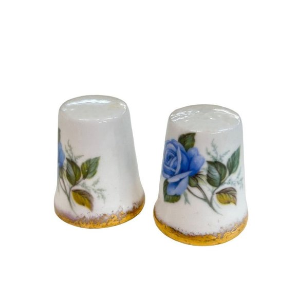 Royal Crown Porcelain Decorative Thimbles Set of 2 Blue Rose Gold Trim - Picture 2 of 8